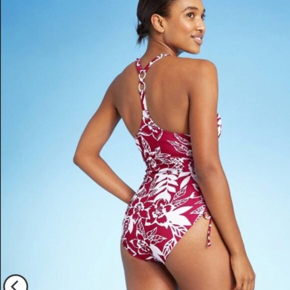 NWT Pink Floral Side Cinch Racer Back Medium Coverage One Piece Swimsuit Size XL - Picture 2 of 14